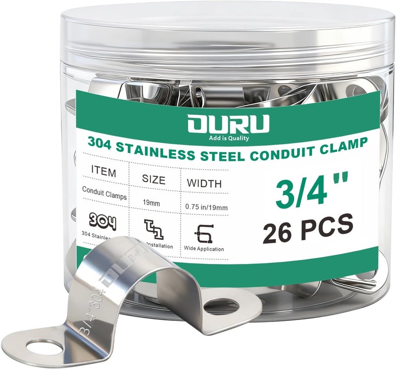 ORU 26pcs 3/4 Inch Conduit Clamp 304 Stainless Steel, Rigid Metal Pipe Clamp U Bracket, 2 Holes Pipe Strap for Automotive, Wire & Tube - Image 1